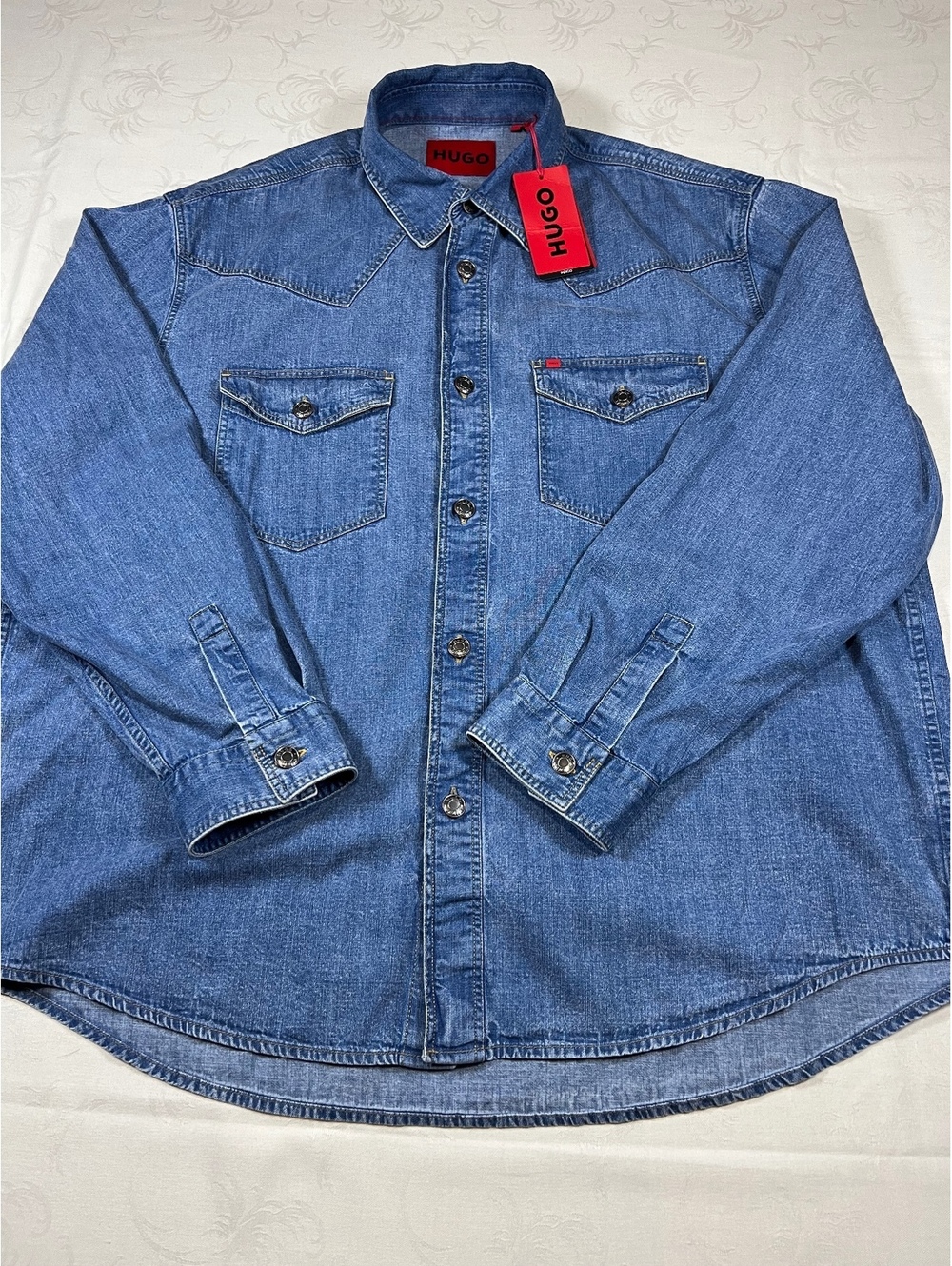 $195 HUGO by Hugo Boss Designer Elpazo Denim Long Sleeve Indigo Shirt Size XL
